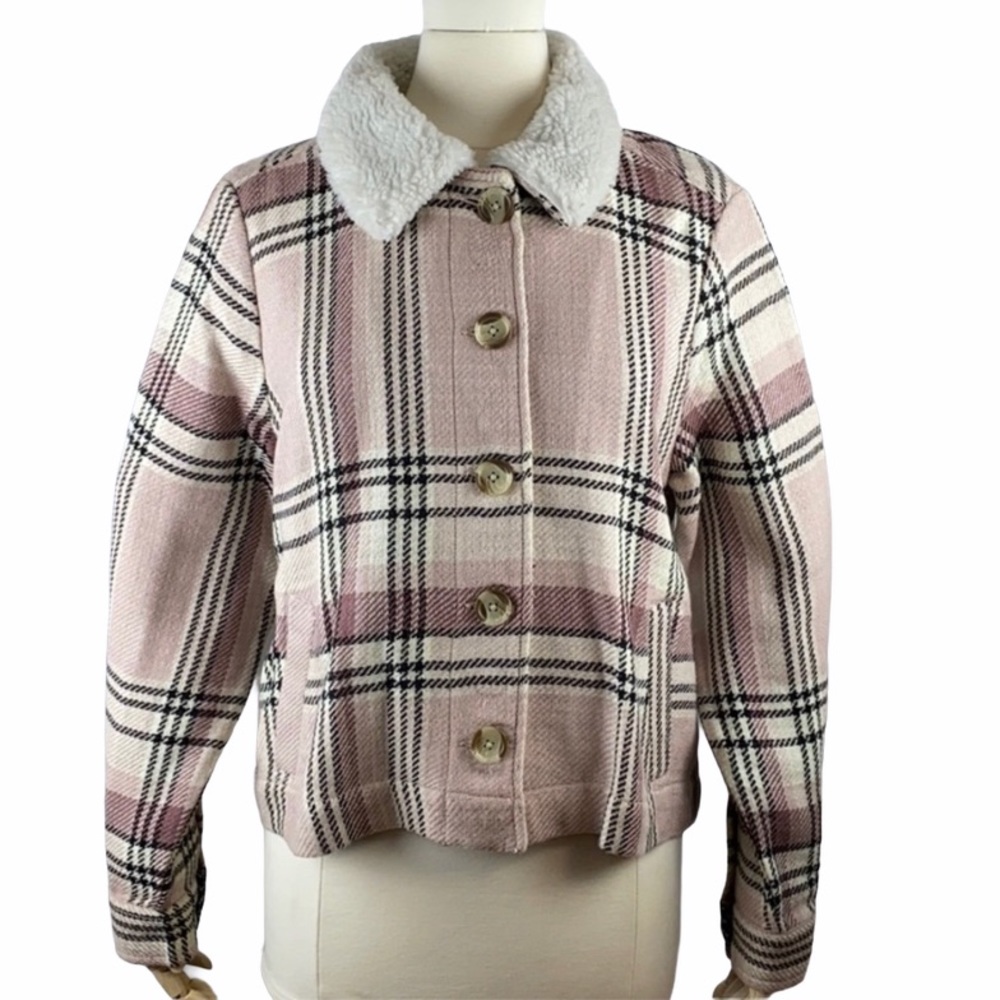 SUSINA Faux Shearling Trimmed Plaid Jacket Pink